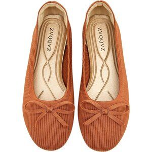 Stylish Women's Round Toe Ballet Flats - Brown Knit with Bow Detail, Size 8.5
